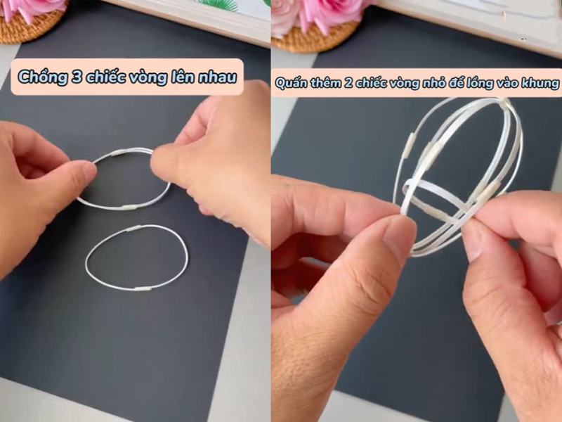 Đan lồng và sắp xếp 6 chiếc vòng tròn kẽm lại với nhau để tạo nên khung lồng đèn