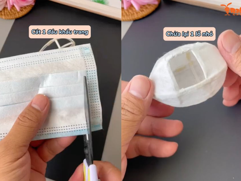 Ta thực hiện phủ kín toàn bộ bề mặt khung bằng các miếng khẩu trang mỏng