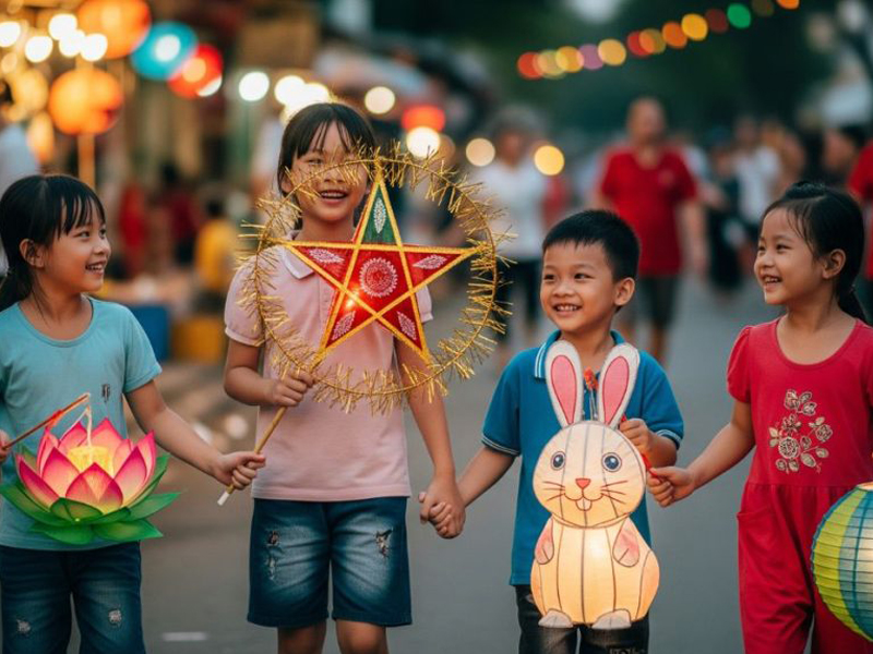 Các em nhỏ thường tụ tập thành từng nhóm, cầm đèn lồng và vui chơi khắp các ngõ phố.